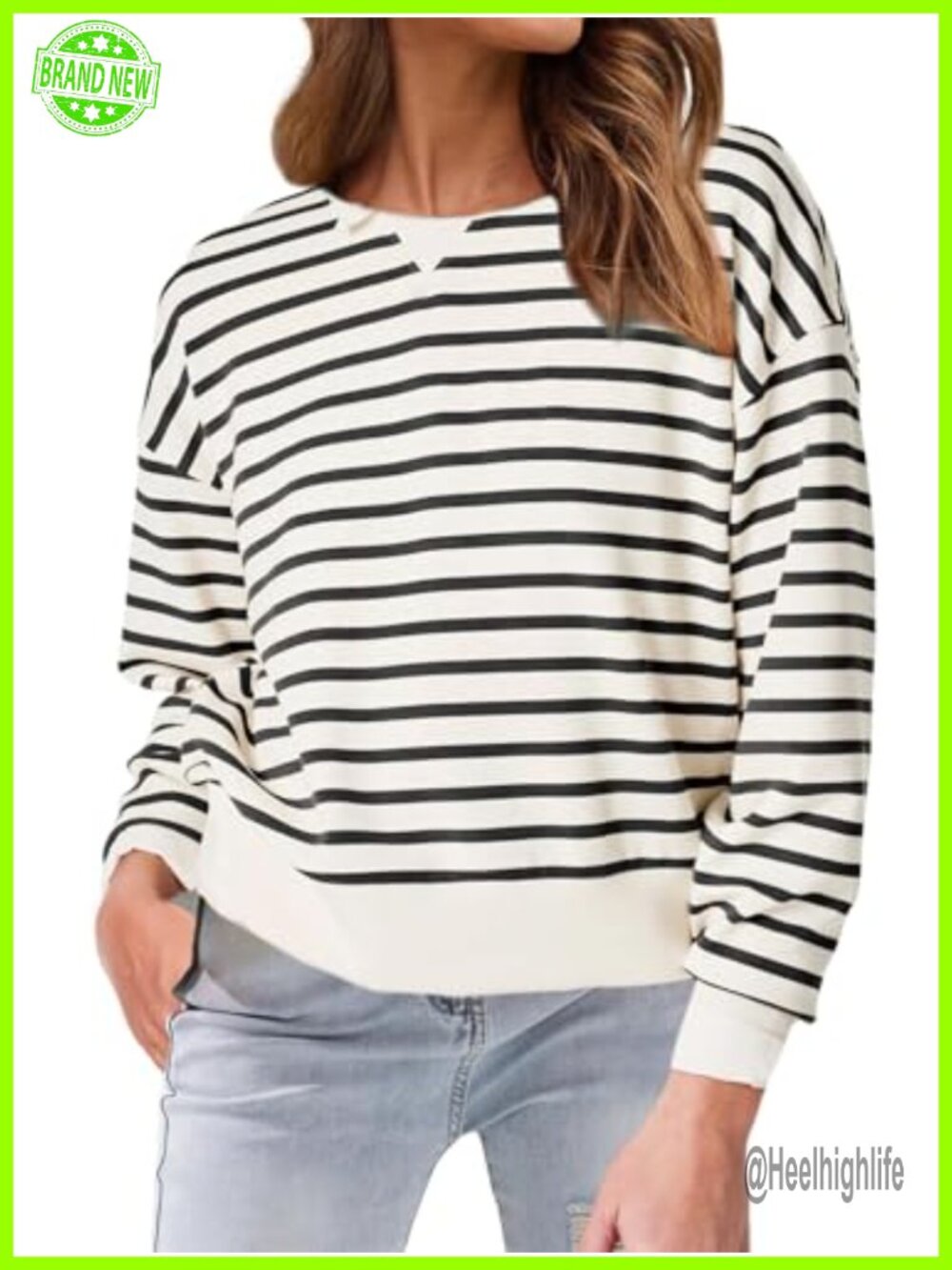 Striped Crewneck Cropped Sweatshirt Pullover Long Sleeve Loose Fit Top